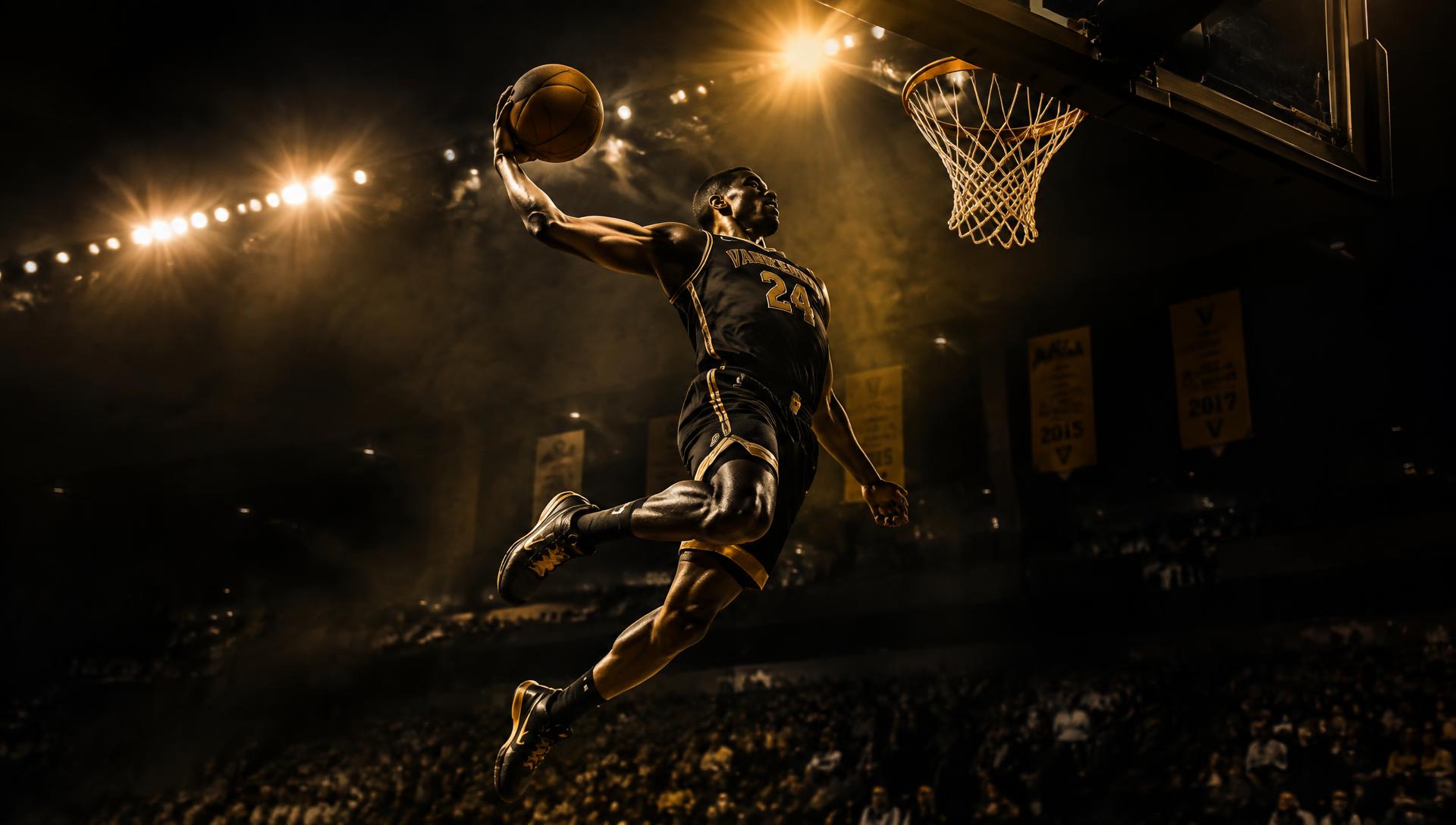 Basketball player dunking under arena lights